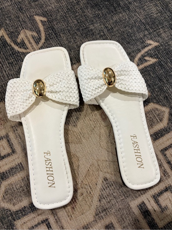 Shoes - White Braided Bow Slide Sandals with Gold Accent